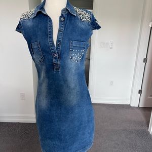 Fancy jeans dress with Swarovski stones , very comfortable material.